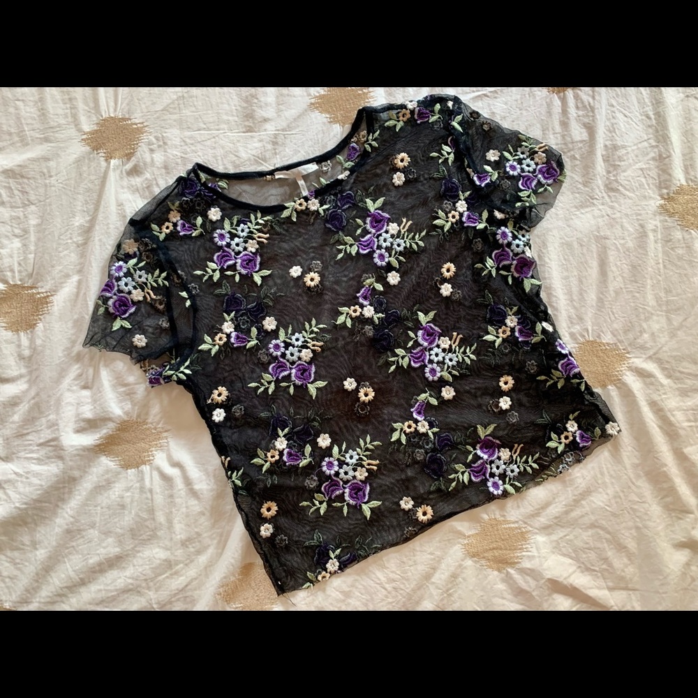 Urban Outfitters Mesh Black Top with Embroidery